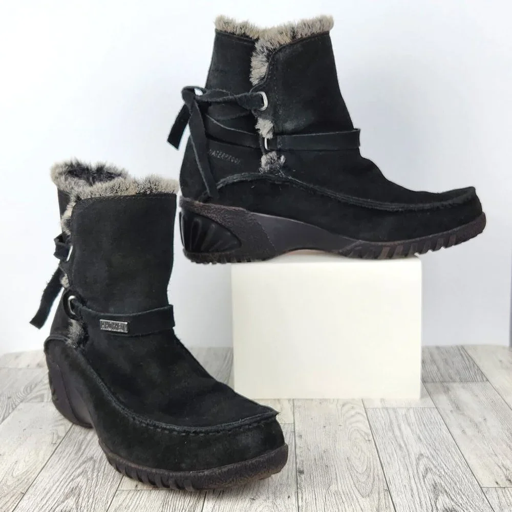 Khombu Womens Ankle Boots Size 7 Black Leather Faux Fur Collar, Leather Tie Up